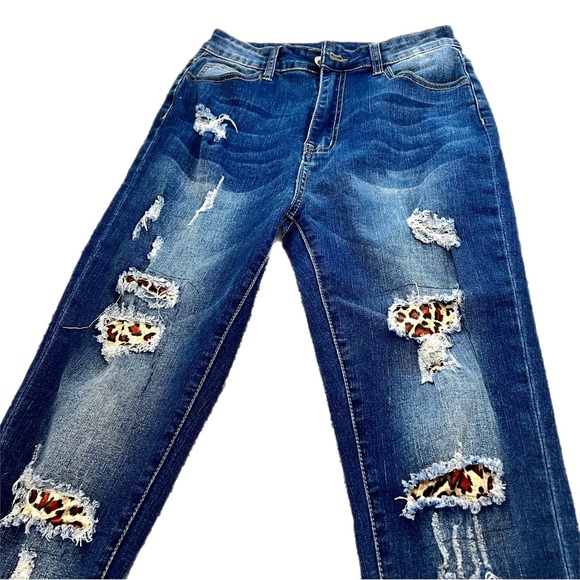 SHEIN Dark Blue Distressed Leopard Print Patch Straight Leg Women's Jeans Size M - Picture 4 of 7